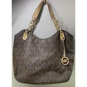 Michael Kors Jet Set Brown Signature Travel Shoulder Bag Tote Purse 13x16x4.5"